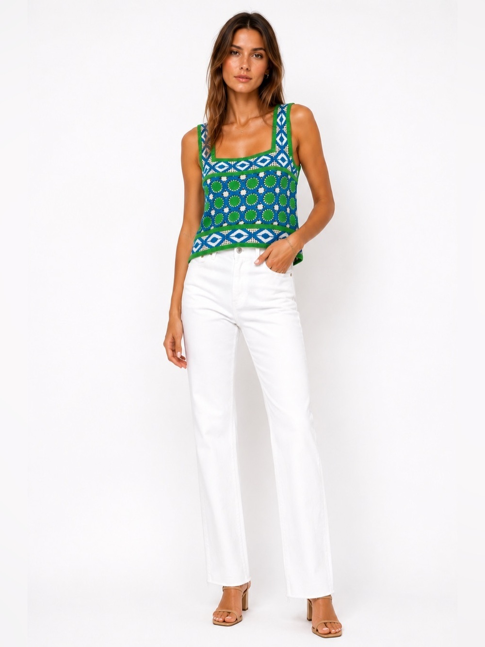 Chelsea & Violet Crochet Tank Blue Green Resort Top Large NWT